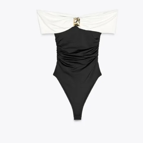Zara NWT white & black off shoulder gold appliqué detail stretchy bodysuit - Picture 5 of 7